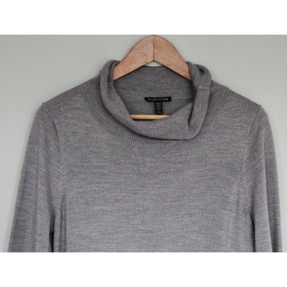 EILEEN FISHER 100% Merino Wool Gray Asymmetrical Cowl Neck Sweater, M Medium - Picture 3 of 9